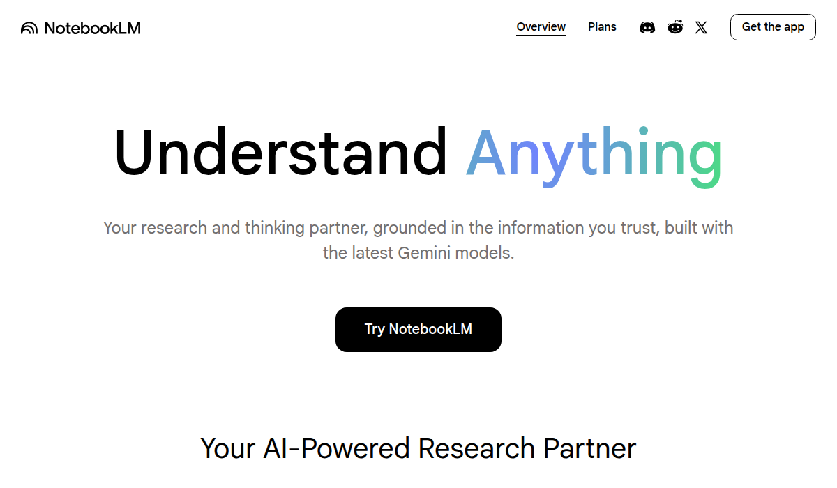 Google NotebookLM homepage