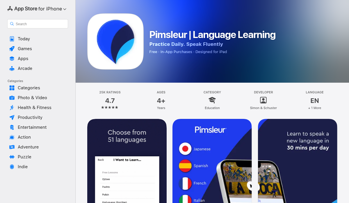 Pimsleur Arabic learning app on App Store