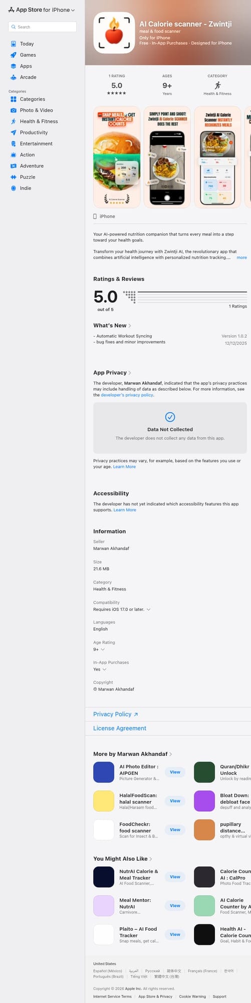 Zwintji AI Calorie Scanner App Store