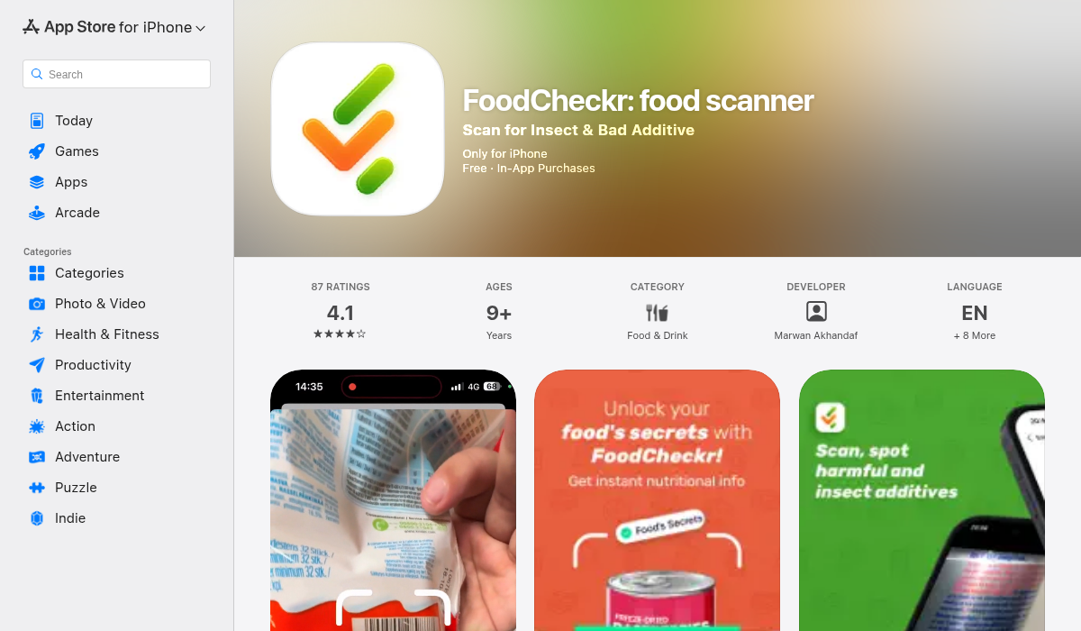 FoodCheckr App Store page screenshot