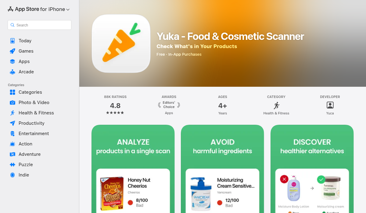 Yuka App Store page screenshot