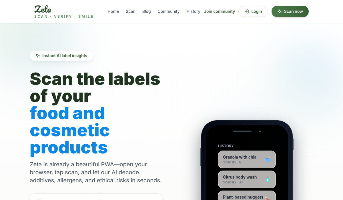 ZETA App website showing halal, vegan, and kosher scanning features